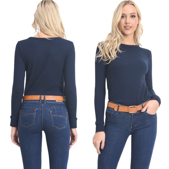 “Nan” Thermal Waffle Knit Shirt in Navy - Picture 2 of 5